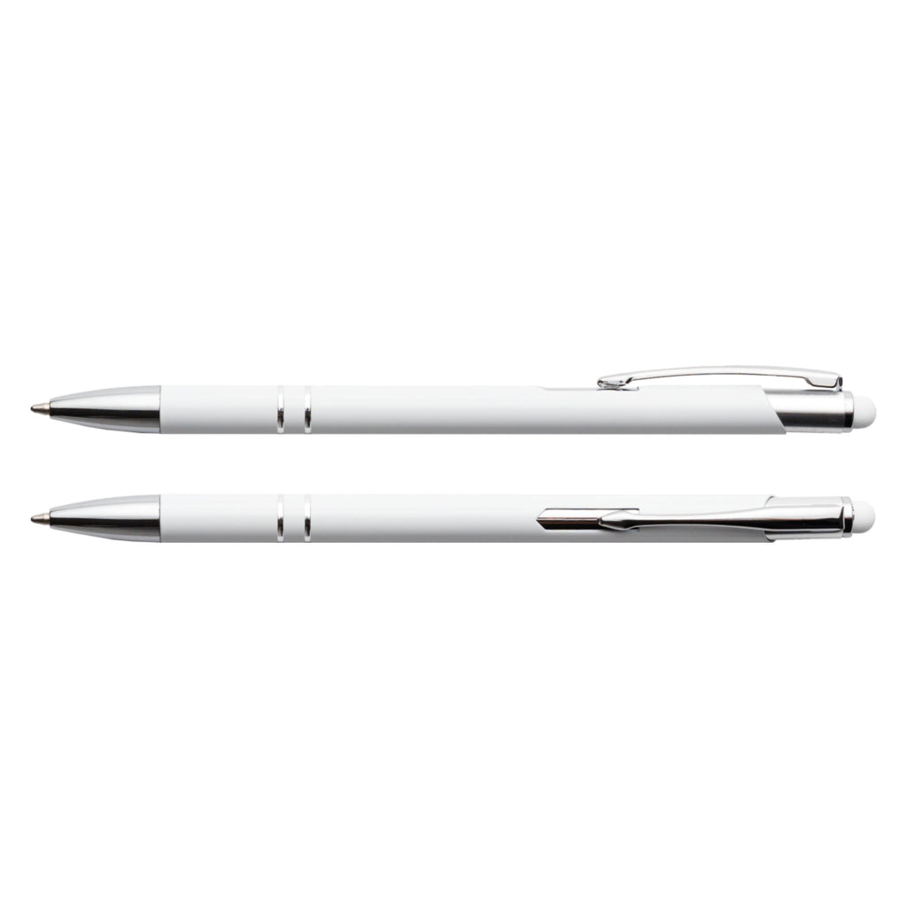Biały cienki długopis metalowy Bello Touch Pen z grawerem laserowym logo firmy, personalizowany gadżet reklamowy B2B, B2C producent PENS4U Żary / gumka do tablet smartfon