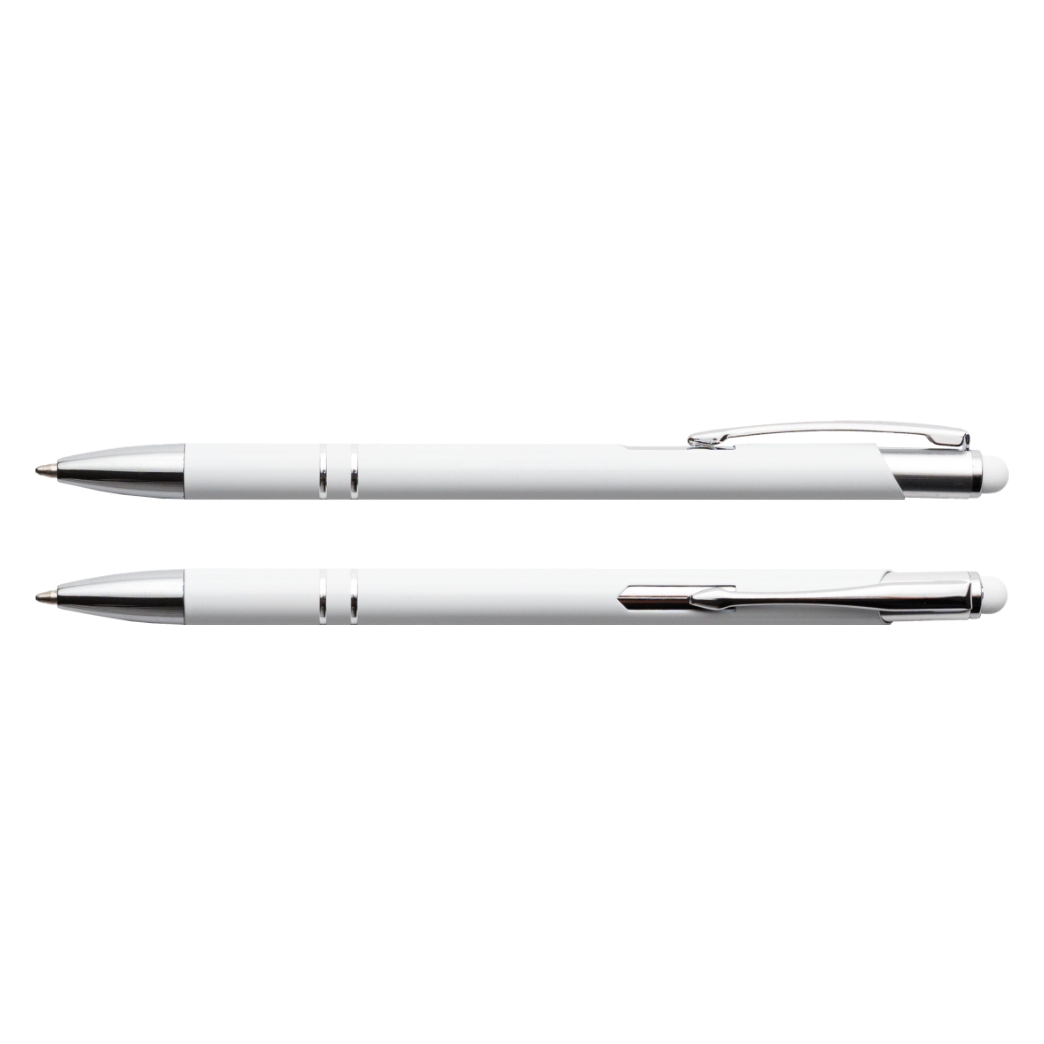 Biały cienki długopis metalowy Bello Touch Pen z grawerem laserowym logo firmy, personalizowany gadżet reklamowy B2B, B2C producent PENS4U Żary / gumka do tablet smartfon