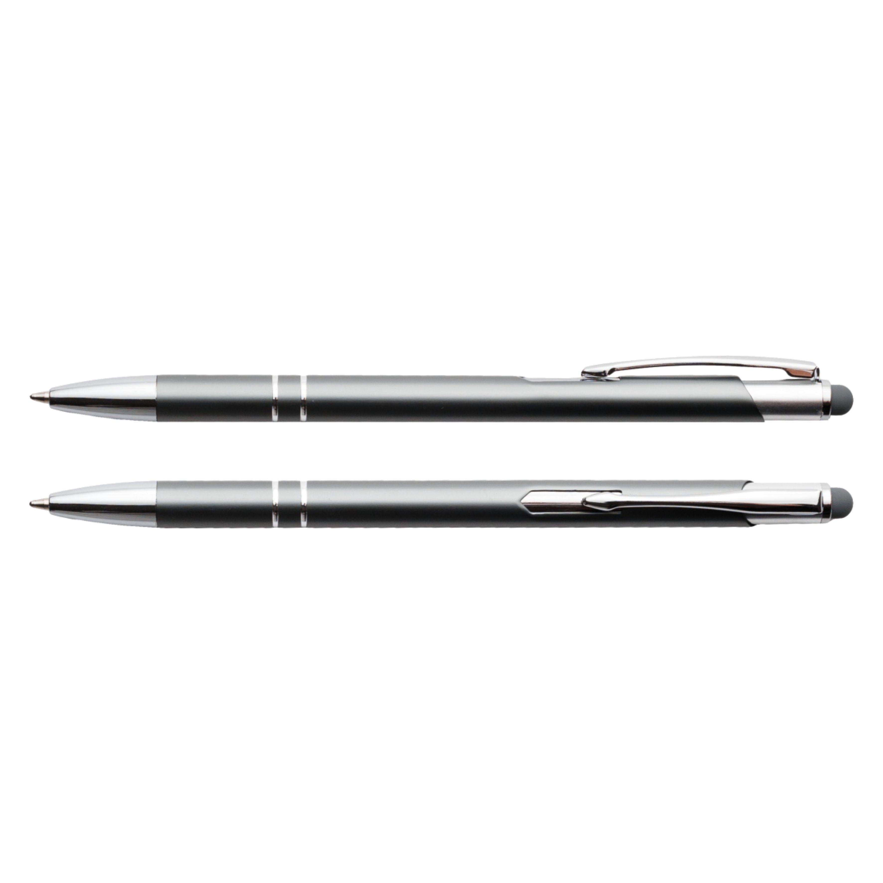Szary cienki długopis metalowy Bello Touch Pen z grawerem laserowym logo firmy, personalizowany gadżet reklamowy B2B, B2C producent PENS4U Żary / gumka do tablet smartfon