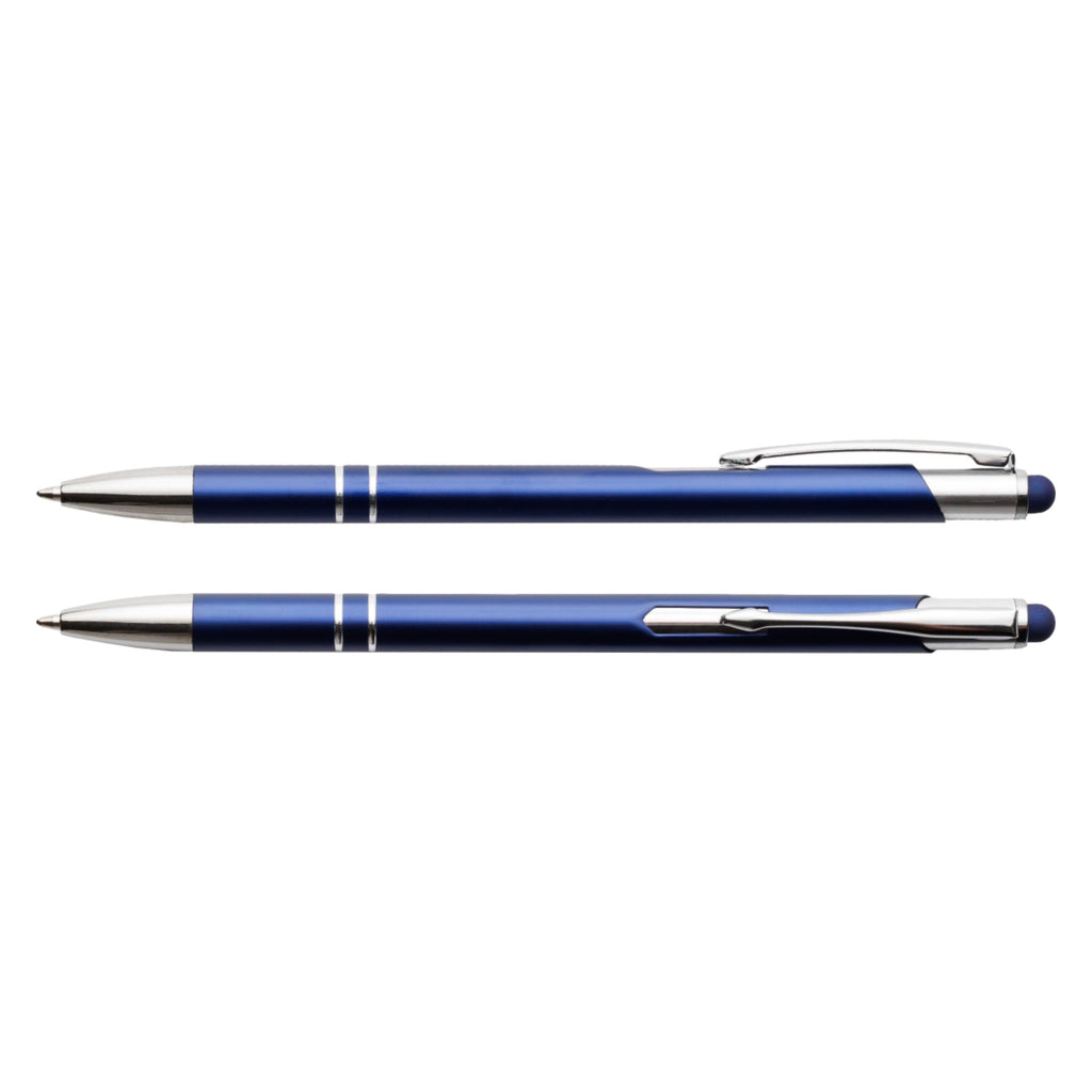 Granatowy cienki długopis metalowy Bello Touch Pen z grawerem laserowym logo firmy, personalizowany gadżet reklamowy B2B, B2C producent PENS4U Żary / gumka do tablet smartfon