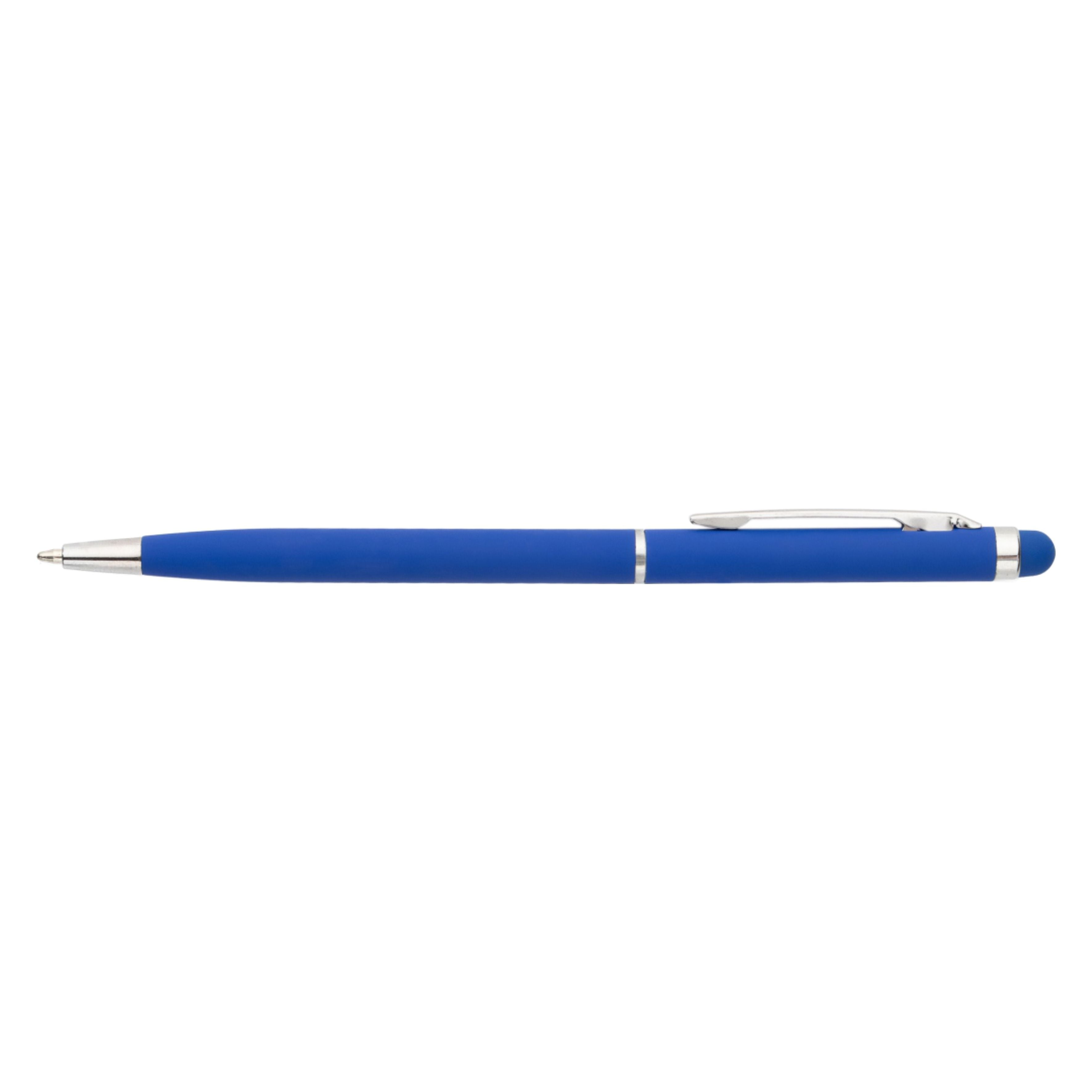 Niebieski bardzo cienki długopis metalowy Gio Touch Pen z grawerem laserowym logo firmy, personalizowany gadżet reklamowy B2B, B2C producent PENS4U Żary